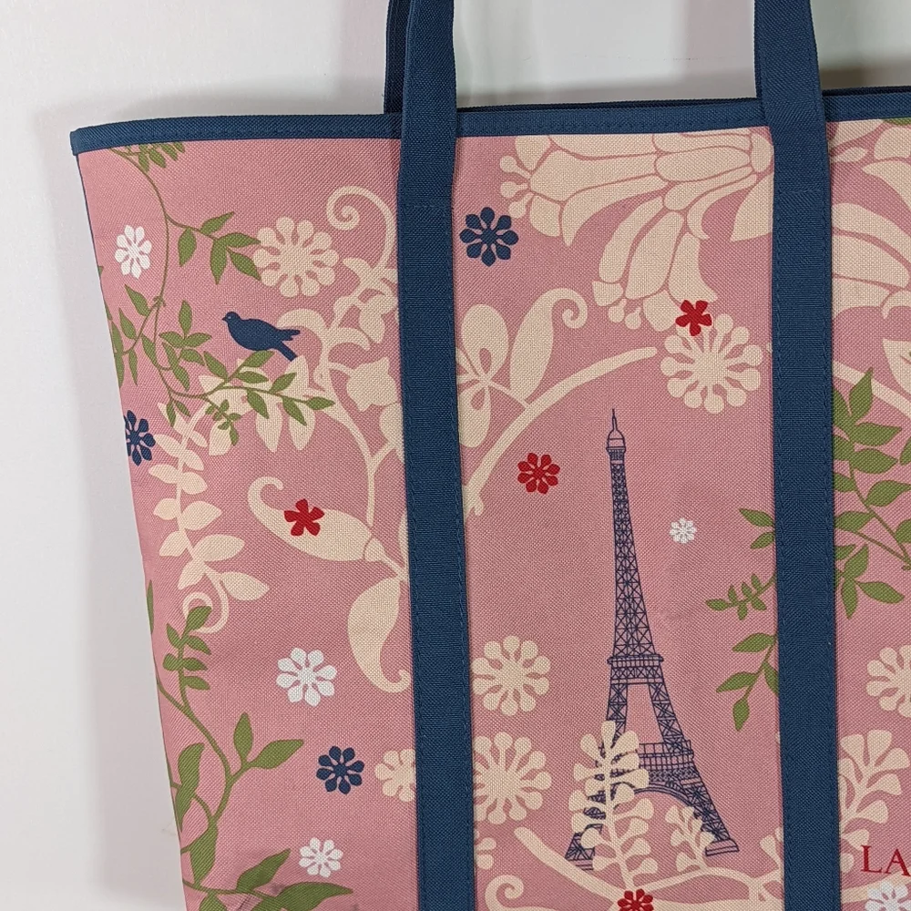 Lancome Tote Bag Pink Paris Atelier Flowers Canvas Eiffel Tower birds Lined Lg - Picture 3 of 10